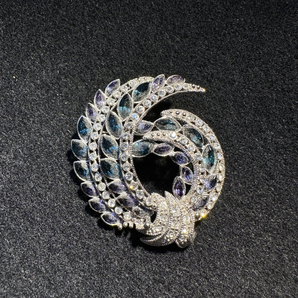 Avon 120th Anniversary Silver Blue Purple Crystal Swirl Brooch Pin